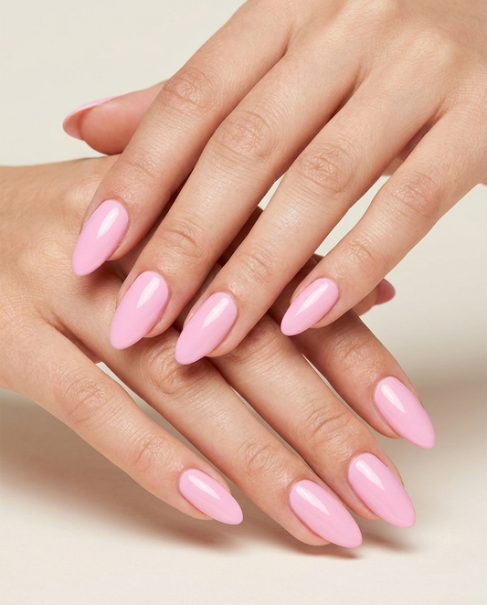 Hands with MineVital Lip Fit S05 manicure — soft candy baby pink water-based breathable nail polish on natural nails