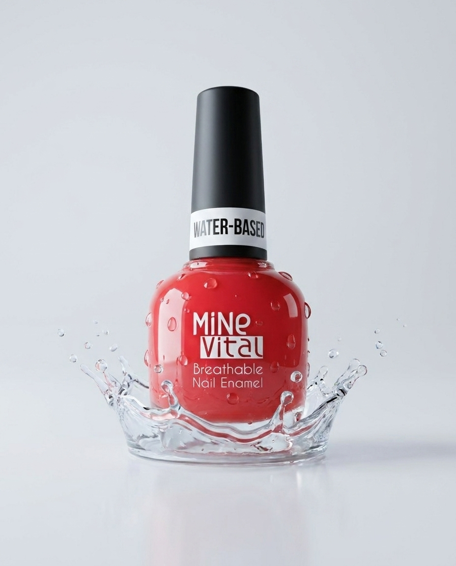 MineVital Bloody Wild C22 water-based breathable nail polish bottle with water splash — vivid red, water-permeable formula