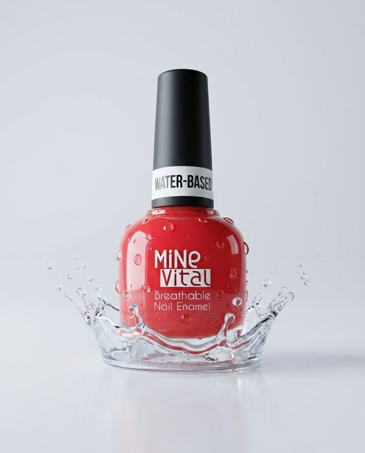 MineVital Bloody Wild C22 water-based breathable nail polish bottle with water splash — vivid red, water-permeable formula