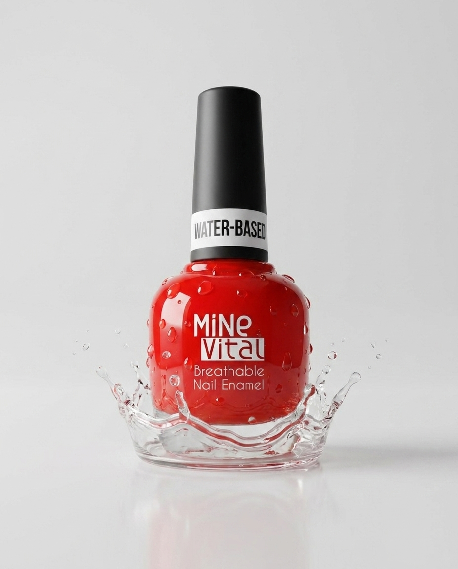 MineVital Oranje C23 water-based breathable nail polish bottle with water splash — bright vivid red, water-permeable and acetone-free formula