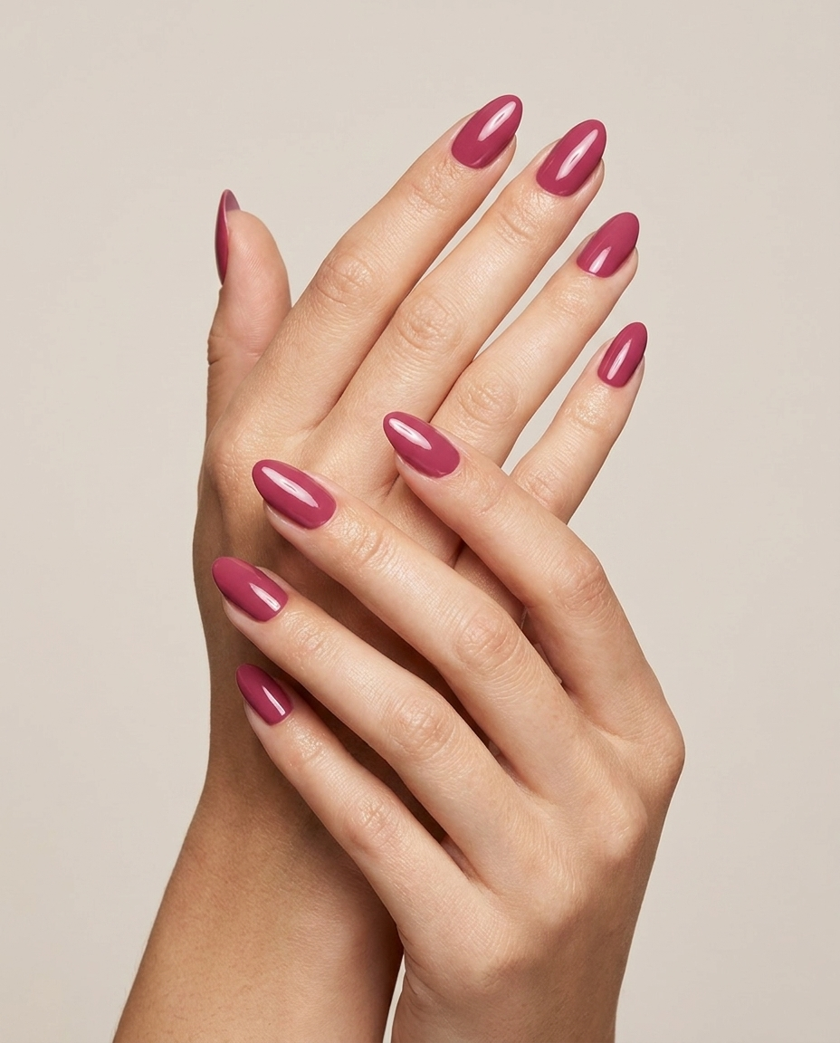 Hands with MineVital Cindy C21 manicure — raspberry berry pink water-based breathable nail polish on natural nails