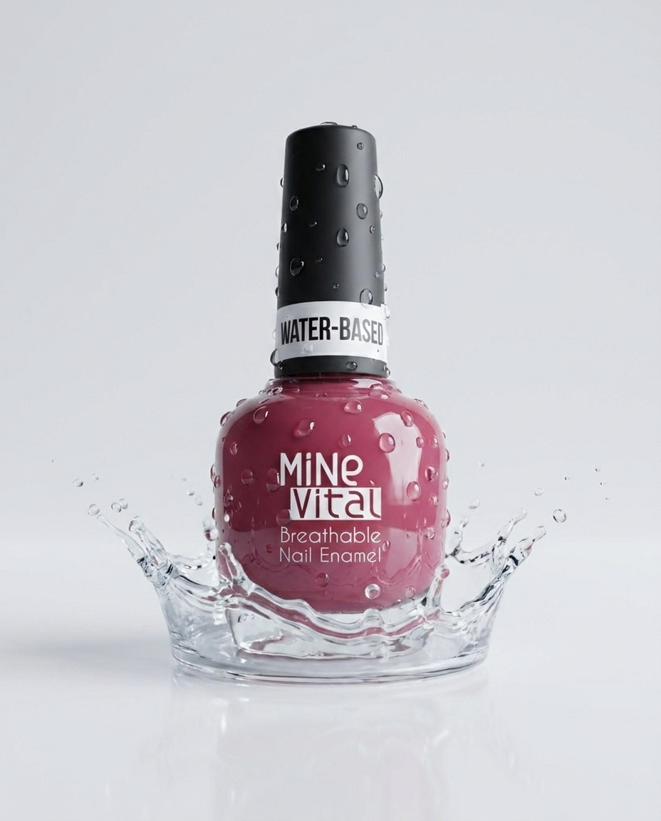 MineVital Cindy C21 water-based breathable nail polish bottle with water splash — raspberry berry pink, water-permeable and acetone-free formula