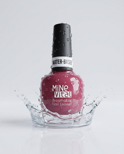 MineVital Cindy C21 water-based breathable nail polish bottle with water splash — raspberry berry pink, water-permeable and acetone-free formula