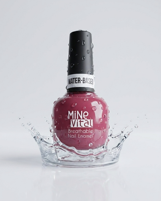 MineVital Cindy C21 water-based breathable nail polish bottle with water splash — raspberry berry pink, water-permeable and acetone-free formula