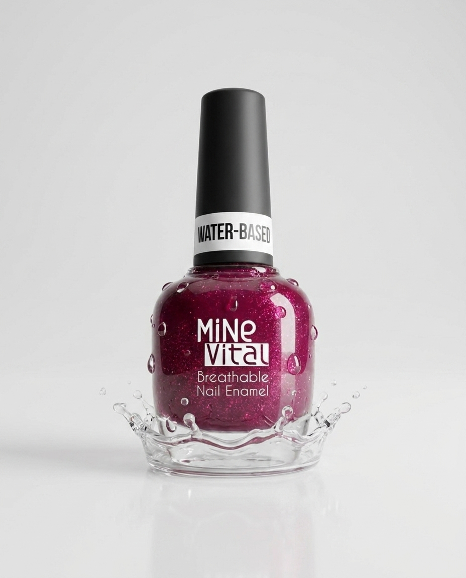 MineVital Naughty C26 water-based breathable nail polish bottle with water splash — deep magenta-fuchsia shimmer, water-permeable and acetone-free formula