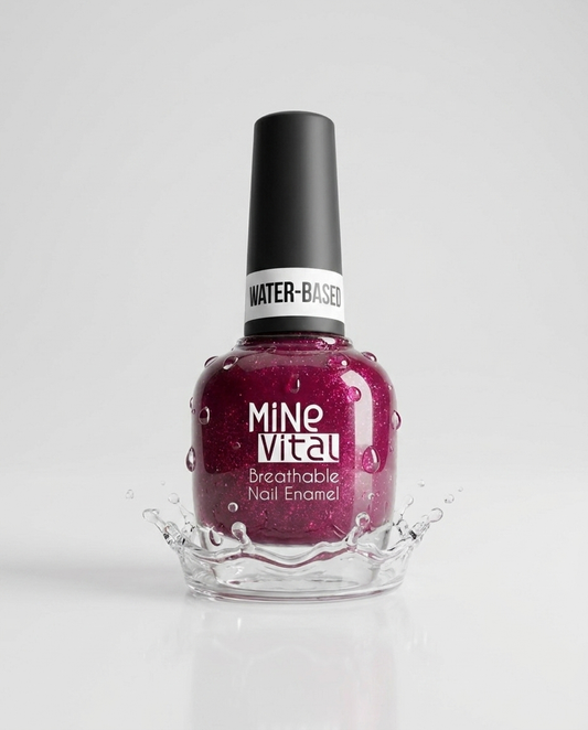 MineVital Naughty C26 water-based breathable nail polish bottle with water splash — deep magenta-fuchsia shimmer, water-permeable and acetone-free formula