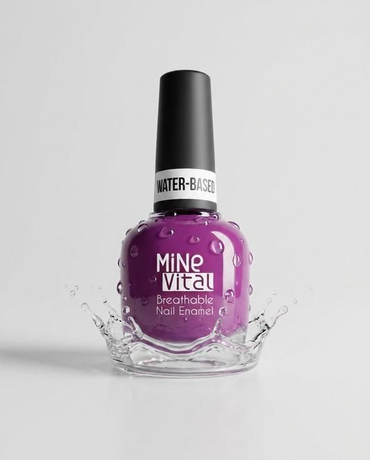 MineVital Royal Purple C06 water-based breathable nail polish bottle with water splash — vivid orchid-magenta purple, water-permeable and acetone-free formula