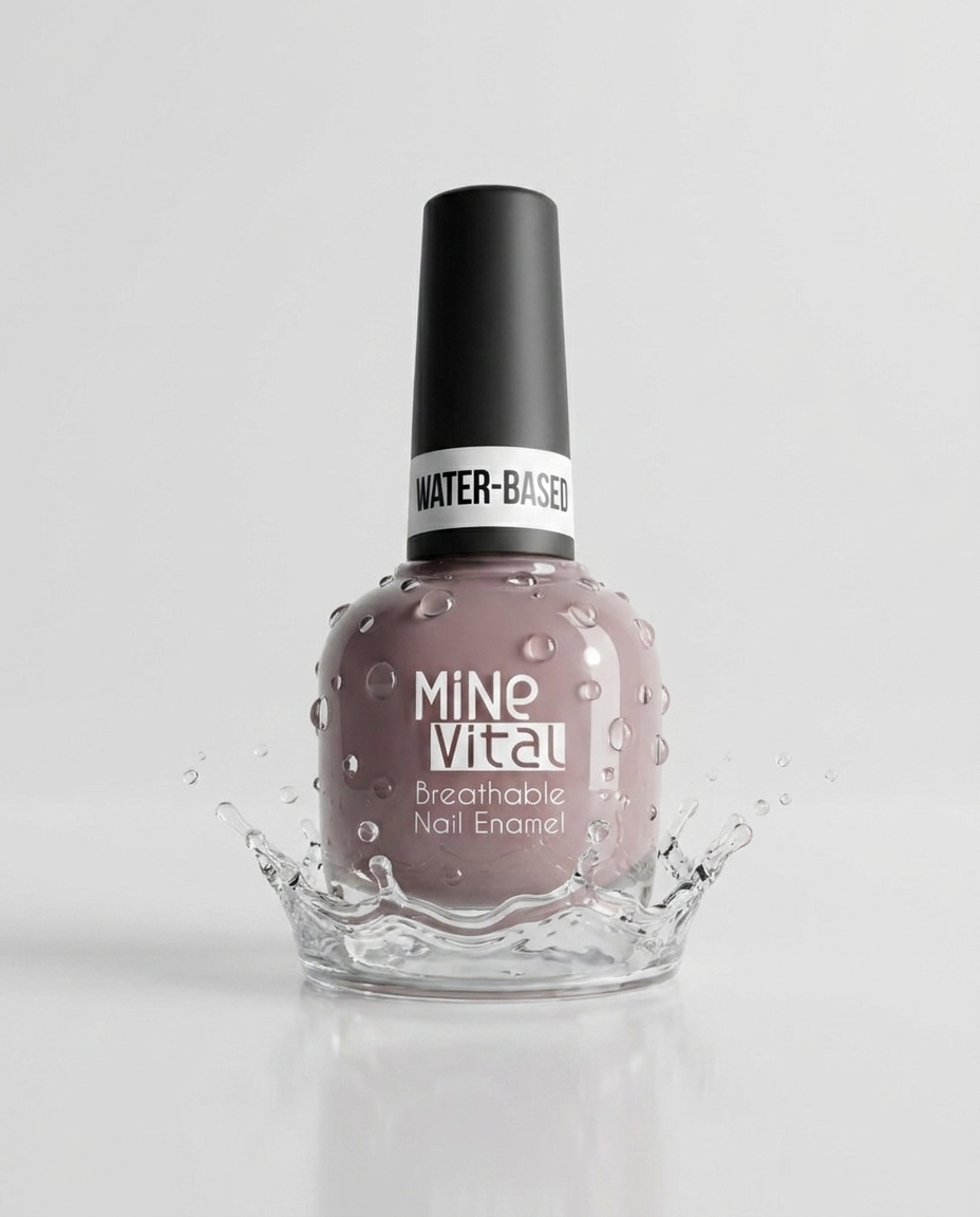MineVital Nudeal C08 water-based breathable nail polish bottle with water splash — soft mauve-taupe nude, water-permeable and acetone-free formula