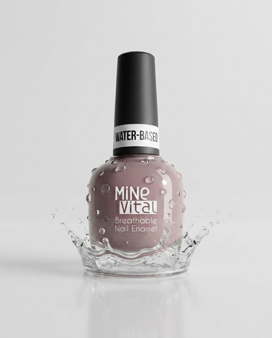 MineVital Nudeal C08 water-based breathable nail polish bottle with water splash — soft mauve-taupe nude, water-permeable and acetone-free formula