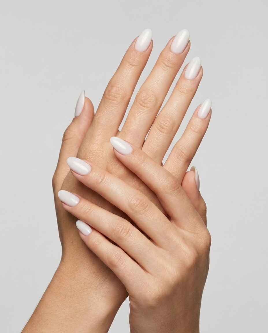 Hands with MineVital French B. D03 manicure — soft milky white French shade water-based breathable nail polish on natural nails