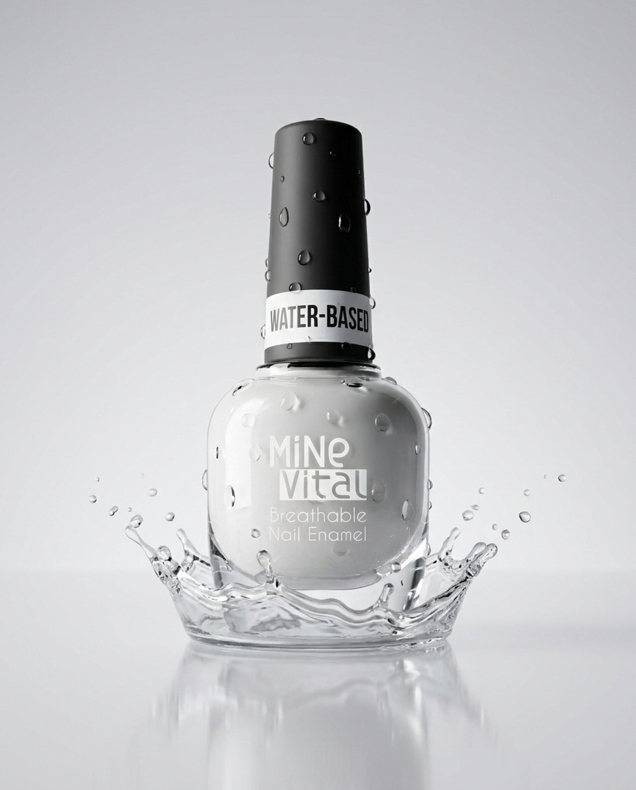 MineVital French B. D03 water-based breathable nail polish bottle with water splash — soft milky white French manicure shade, water-permeable and acetone-free
