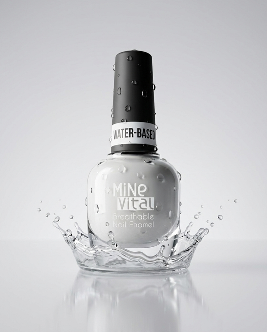 MineVital French B. D03 water-based breathable nail polish bottle with water splash — soft milky white French manicure shade, water-permeable and acetone-free