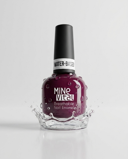 MineVital Special Nights D32 water-based breathable nail polish bottle with water splash — deep wine burgundy, water-permeable and acetone-free formula