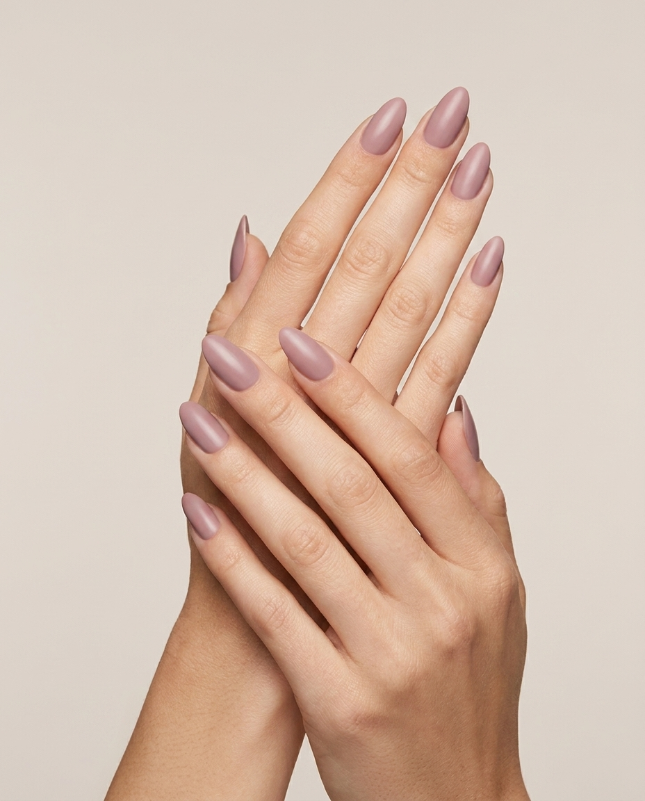 Hands with MineVital Secret Love F33 manicure — soft dusty rose-mauve water-based breathable nail polish on natural nails