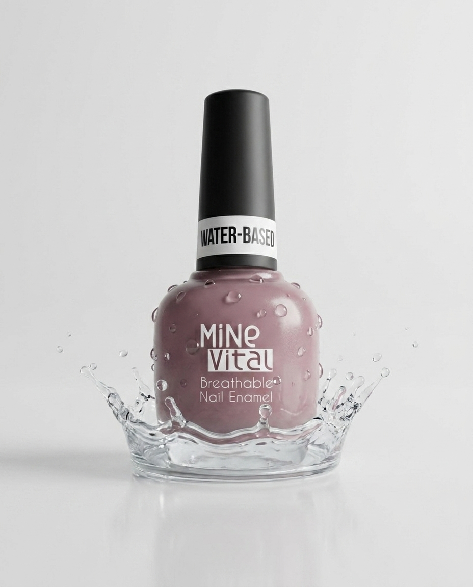 MineVital Secret Love F33 water-based breathable nail polish bottle with water splash — soft dusty rose-mauve, water-permeable and acetone-free formula