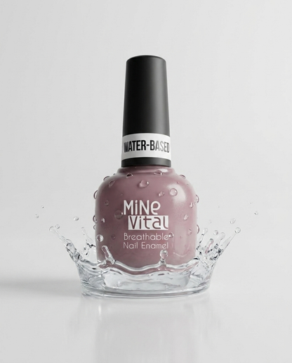 MineVital Secret Love F33 water-based breathable nail polish bottle with water splash — soft dusty rose-mauve, water-permeable and acetone-free formula