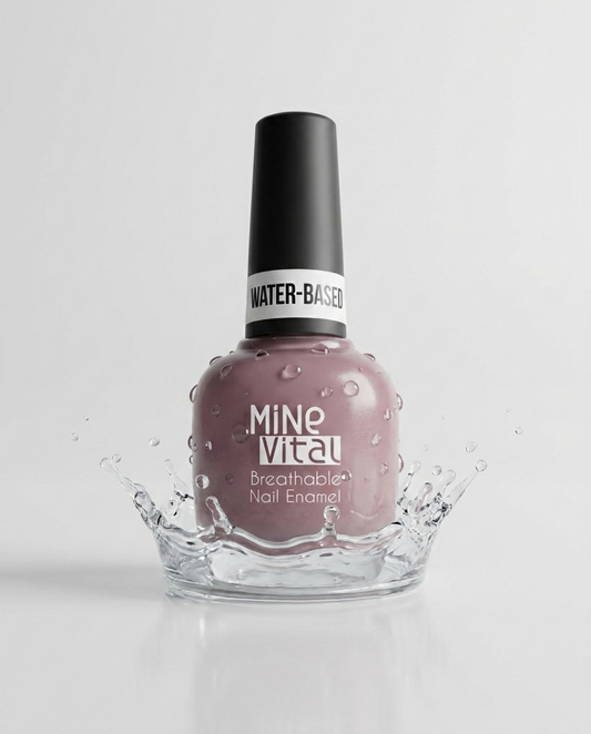 MineVital Secret Love F33 water-based breathable nail polish bottle with water splash — soft dusty rose-mauve, water-permeable and acetone-free formula
