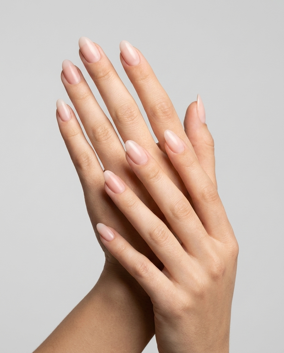Hands with MineVital Sweet Melody P31 manicure — sheer soft milky pink water-based breathable nail polish on natural nails