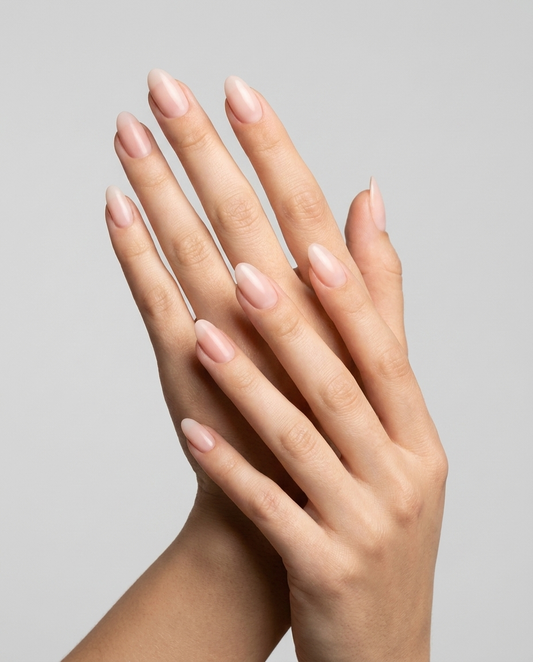 Hands with MineVital Sweet Melody P31 manicure — sheer soft milky pink water-based breathable nail polish on natural nails