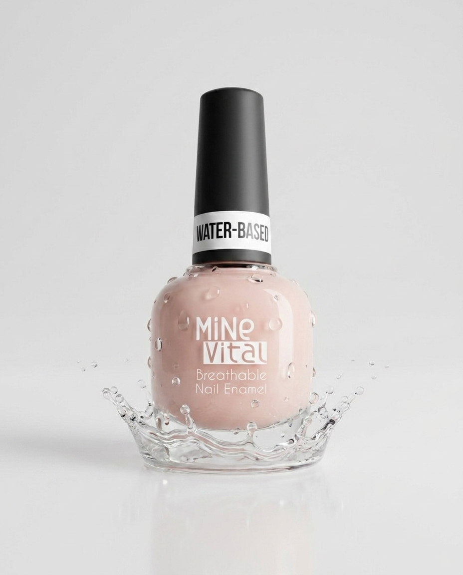 MineVital Sweet Melody P31 water-based breathable nail polish bottle with water splash — sheer soft milky pink, water-permeable and acetone-free formula