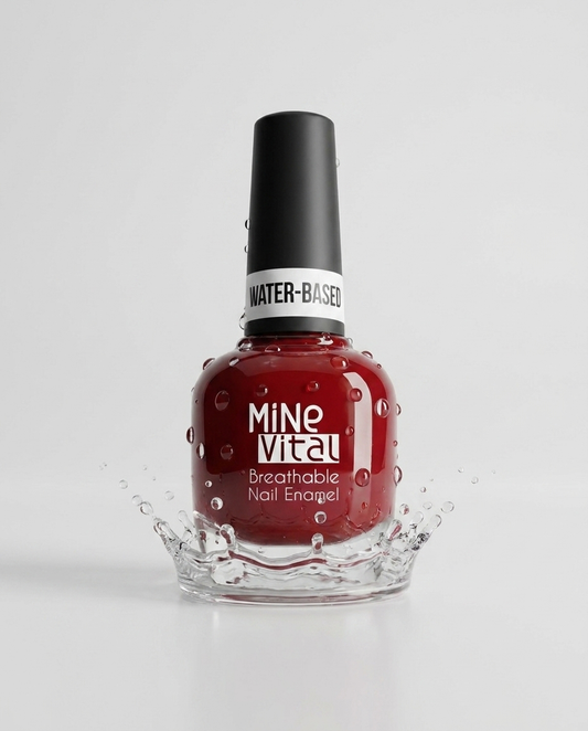 MineVital Sweet Dream water-based breathable nail polish bottle with water splash — rich cherry red, water-permeable and acetone-free formula