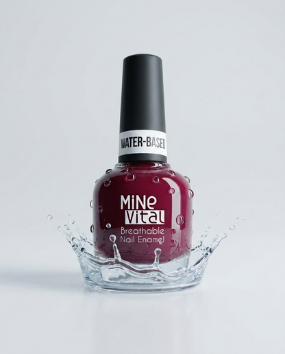 MineVital Possibility water-based breathable nail polish bottle with water splash — rich berry-wine red, water-permeable and acetone-free formula