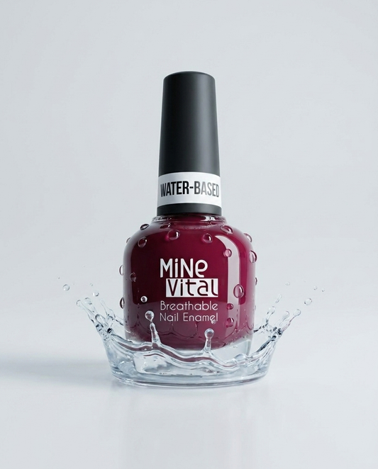 MineVital Possibility water-based breathable nail polish bottle with water splash — rich berry-wine red, water-permeable and acetone-free formula